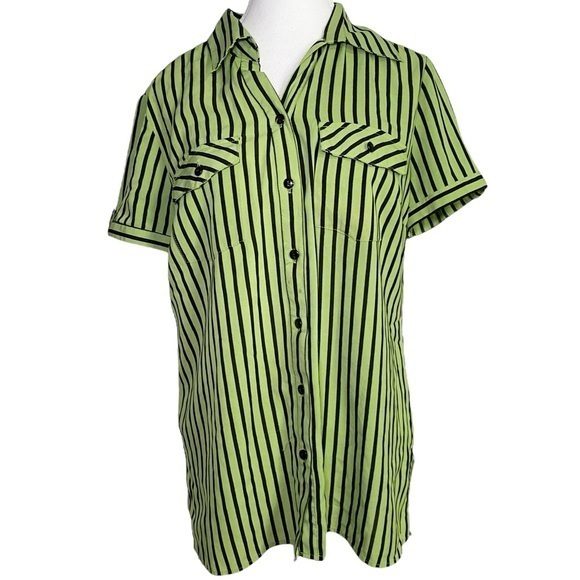 Tops - Unbranded Green & Black Striped Short Sleeve Button Down Shirt